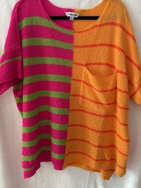 DAVI & DANI Colorblock Striped Scoop-Neck Sweater - Pink, Green & Orange